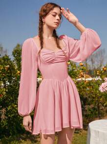 SHEIN MOD Sweetheart Neck Lantern Sleeve Butterfly Breast Cup Ruched Bust Pink Dress - Coral Pink - View 5