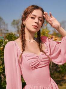 SHEIN MOD Sweetheart Neck Lantern Sleeve Butterfly Breast Cup Ruched Bust Pink Dress - Coral Pink - View 6