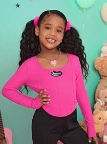 SHEIN Tween Girl Letter Patched Seam Detail Curved Hem Tee - Hot Pink - View 1