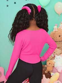 SHEIN Tween Girl Letter Patched Seam Detail Curved Hem Tee - Hot Pink - View 2