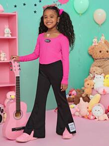 SHEIN Tween Girl Letter Patched Seam Detail Curved Hem Tee - Hot Pink - View 3