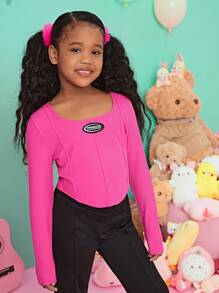 SHEIN Tween Girl Letter Patched Seam Detail Curved Hem Tee - Hot Pink - View 4
