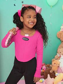 SHEIN Tween Girl Letter Patched Seam Detail Curved Hem Tee - Hot Pink - View 5
