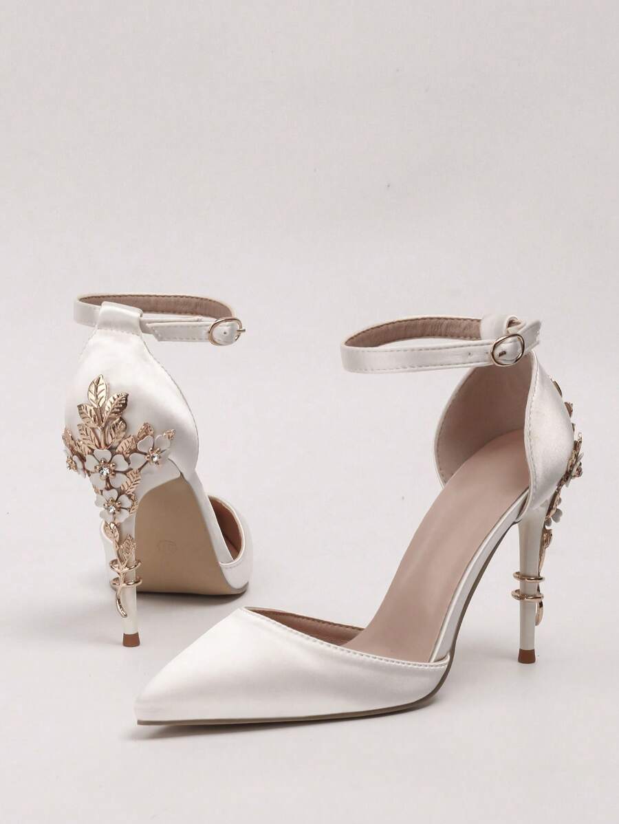 Women Rhinestone & Flower Decor Point Toe Stiletto Heeled Pumps, Fashionable White Elastane Slingback Pumps For Wedding,Elegant,Party Outfits,Pointed Heels - White - View 1