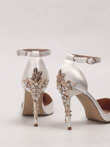 Women Rhinestone & Flower Decor Point Toe Stiletto Heeled Pumps, Fashionable White Elastane Slingback Pumps For Wedding,Elegant,Party Outfits,Pointed Heels - White - View 2