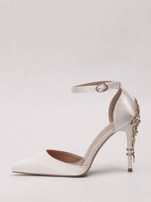 Women Rhinestone & Flower Decor Point Toe Stiletto Heeled Pumps, Fashionable White Elastane Slingback Pumps For Wedding,Elegant,Party Outfits,Pointed Heels - White - View 3