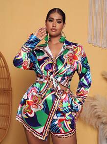 SHEIN SXY Hơn In hoa Áo sơ mi & Quần short - Nhiều màu - Xem 1