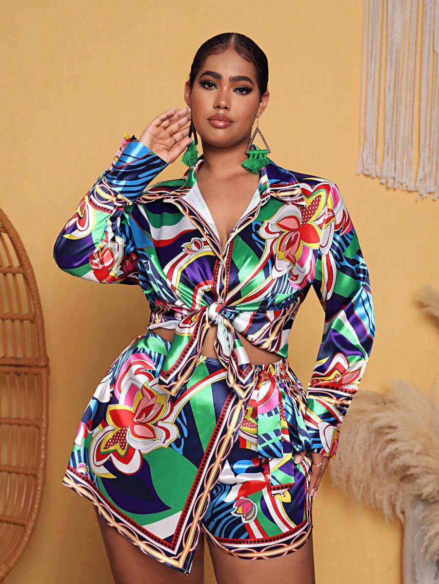 SHEIN SXY Hơn In hoa Áo sơ mi & Quần short - Nhiều màu - Xem 1