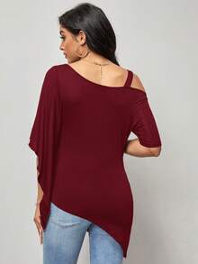 SHEIN Clasi Cổ không đối xứng Viền ven Viền không đối xứng Áo thun - Màu Đỏ Sâu - Xem 2