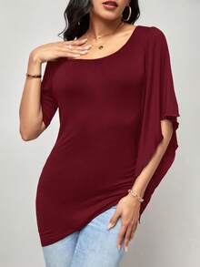 SHEIN Clasi Cổ không đối xứng Viền ven Viền không đối xứng Áo thun - Màu Đỏ Sâu - Xem 5