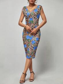 SHEIN Clasi 豹紋和花卉圖案緊身洋裝 - 藍色 - 查看 4