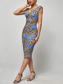 SHEIN Clasi 豹紋和花卉圖案緊身洋裝 - 藍色 - 查看 6