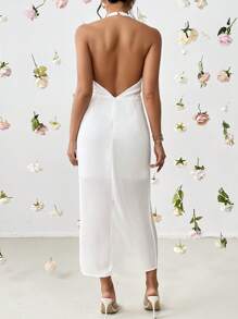 SHEIN Privé Draped Front Split Thigh Halter Neck Backless Dress - White - View 1