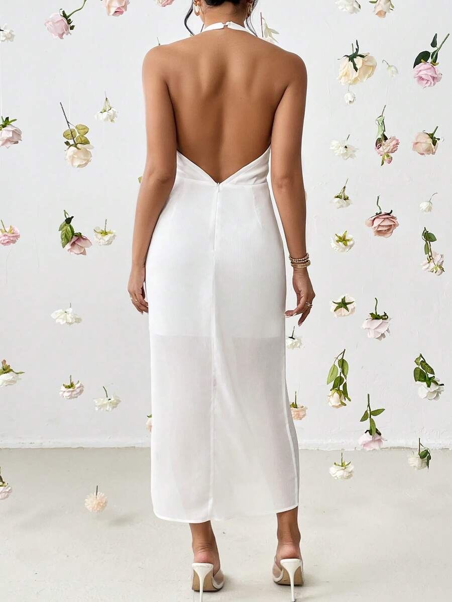 SHEIN Privé Draped Front Split Thigh Halter Neck Backless Dress - White - View 1