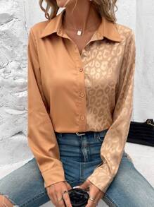 SHEIN LUNE Báo Dệt hoa Xa ten Áo sơ mi - màu nâu - Xem 1