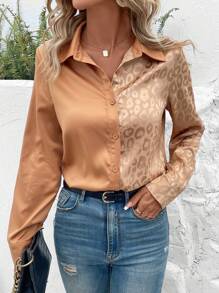 SHEIN LUNE Báo Dệt hoa Xa ten Áo sơ mi - màu nâu - Xem 3