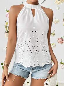 SHEIN Privé 網眼刺繡鎖眼領貝殼邊襯衫 - 白色 - 查看 3