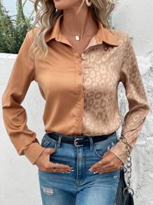 SHEIN LUNE Báo Dệt hoa Xa ten Áo sơ mi - màu nâu - Xem 4