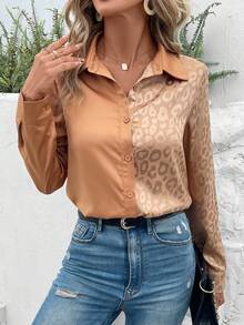 SHEIN LUNE Báo Dệt hoa Xa ten Áo sơ mi - màu nâu - Xem 5