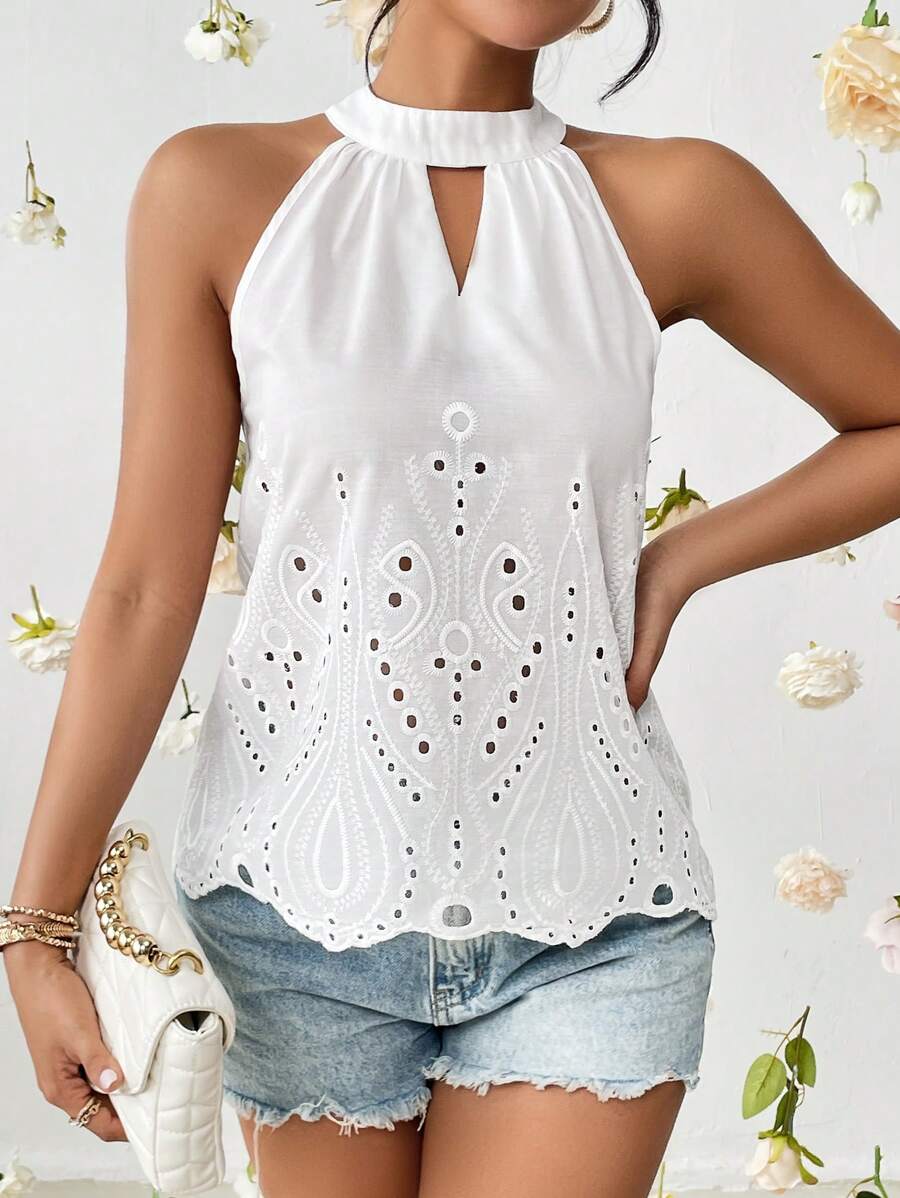 SHEIN Privé 網眼刺繡鎖眼領貝殼邊襯衫 - 白色 - 查看 1