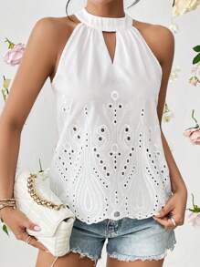 SHEIN Privé 網眼刺繡鎖眼領貝殼邊襯衫 - 白色 - 查看 5