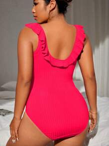 Swim Vcay Summer Beach Plus V Wired Ruffle Trim Ruched One Piece Swimsuit - Pink - View 2