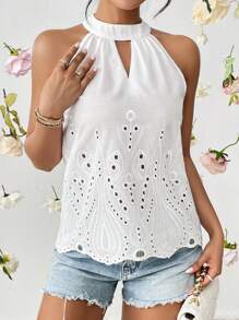 SHEIN Privé 網眼刺繡鎖眼領貝殼邊襯衫 - 白色 - 查看 2