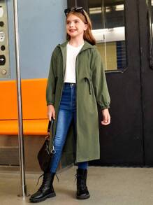 SHEIN Chaqueta larga informal con capucha, cordón en la cintura y diseño tejido liso para Niña preadolescente College - Verde militar - Ver 1