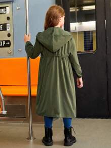 SHEIN Chaqueta larga informal con capucha, cordón en la cintura y diseño tejido liso para Niña preadolescente College - Verde militar - Ver 2