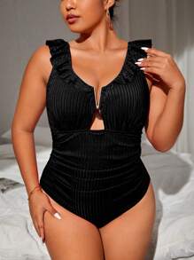 Swim Vcay Summer Beach Plus V Wired Ruffle Trim Ruched One Piece Swimsuit