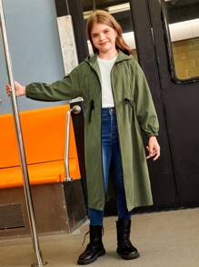 SHEIN Chaqueta larga informal con capucha, cordón en la cintura y diseño tejido liso para Niña preadolescente College - Verde militar - Ver 4