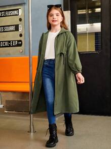 SHEIN Chaqueta larga informal con capucha, cordón en la cintura y diseño tejido liso para Niña preadolescente College - Verde militar - Ver 5