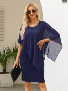 素色斗篷袖不對稱細節洋裝 - 藏蓝色 - 查看 1