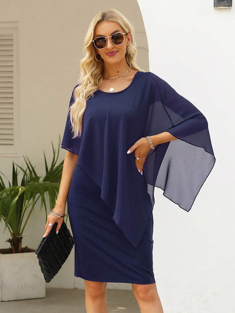素色斗篷袖不對稱細節洋裝 - 藏蓝色 - 查看 1