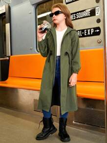 SHEIN Chaqueta larga informal con capucha, cordón en la cintura y diseño tejido liso para Niña preadolescente College - Verde militar - Ver 6