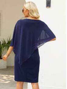 素色斗篷袖不對稱細節洋裝 - 藏蓝色 - 查看 2