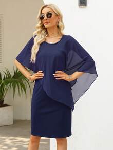 素色斗篷袖不對稱細節洋裝 - 藏蓝色 - 查看 3