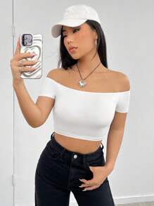 SHEIN EZwear 一字肩短款T恤 - 白色 - 查看 1