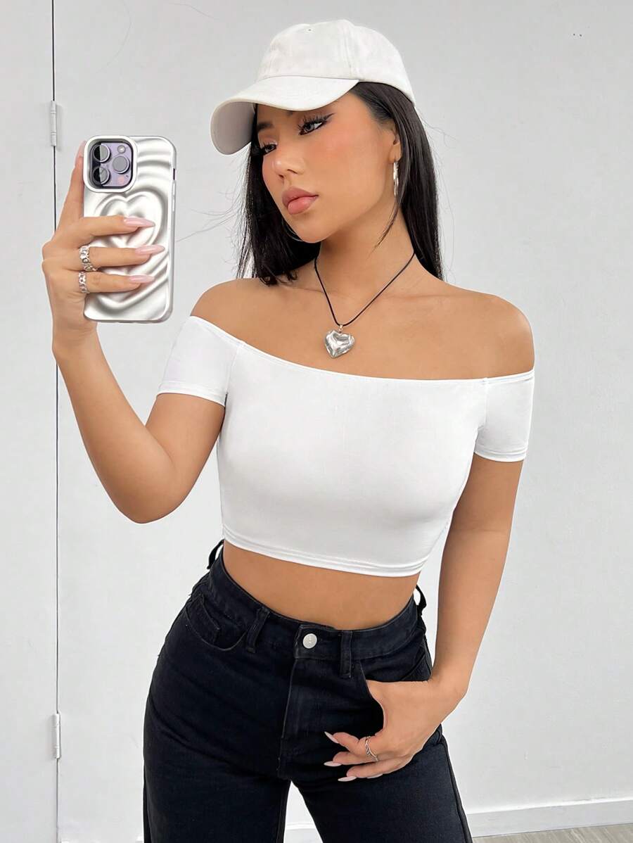 SHEIN EZwear 一字肩短款T恤 - 白色 - 查看 1