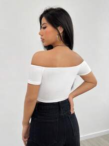 SHEIN EZwear 一字肩短款T恤 - 白色 - 查看 2