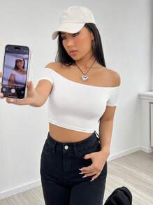 SHEIN EZwear 一字肩短款T恤 - 白色 - 查看 3