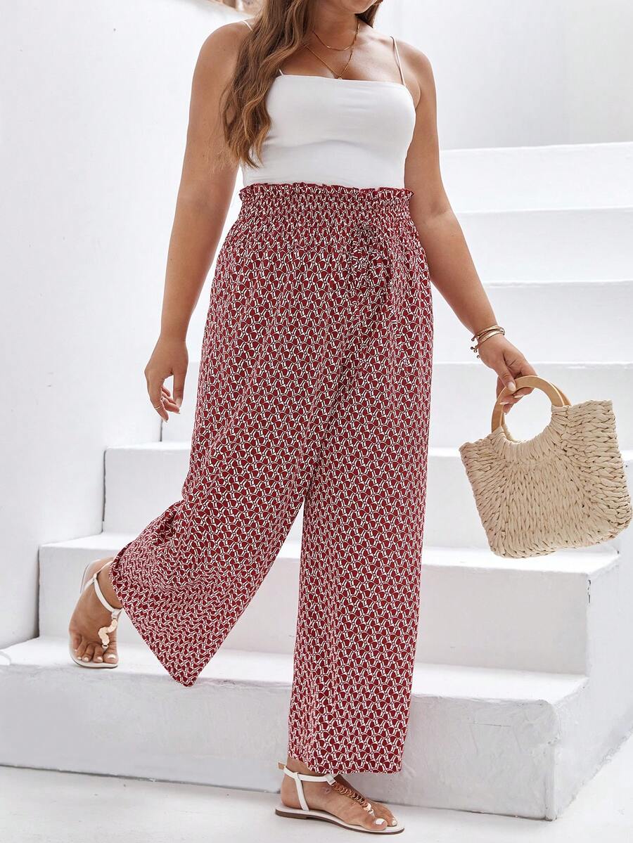 SHEIN Frenchy Plus Allover Print Paperbag Waist Tie Front Wide Leg Trousers - Red - View 1