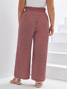 SHEIN Frenchy Plus Allover Print Paperbag Waist Tie Front Wide Leg Trousers - Red - View 2
