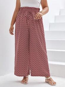 SHEIN Frenchy Plus Allover Print Paperbag Waist Tie Front Wide Leg Trousers - Red - View 4