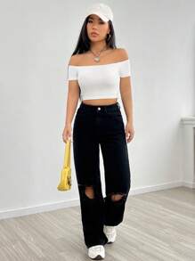 SHEIN EZwear 一字肩短款T恤 - 白色 - 查看 7