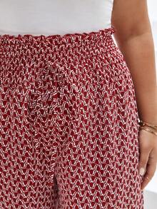 SHEIN Frenchy Plus Allover Print Paperbag Waist Tie Front Wide Leg Trousers - Red - View 5