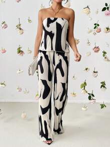 SHEIN Privé Graphic Print Tube Top & Wide Leg Trousers - Multicolor - View 3