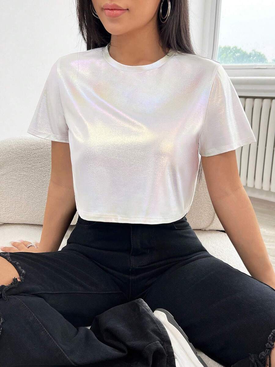 SHEIN EZwear 夏季白色y2k實色圓領t恤 - 白色 - 查看 1