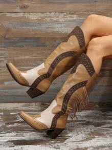 女士色塊流蘇粗跟西部靴，時尚靴款，女士牛仔靴 - 棕色 - 查看 1