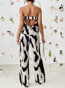 SHEIN Privé Graphic Print Tube Top & Wide Leg Trousers - Multicolor - View 2